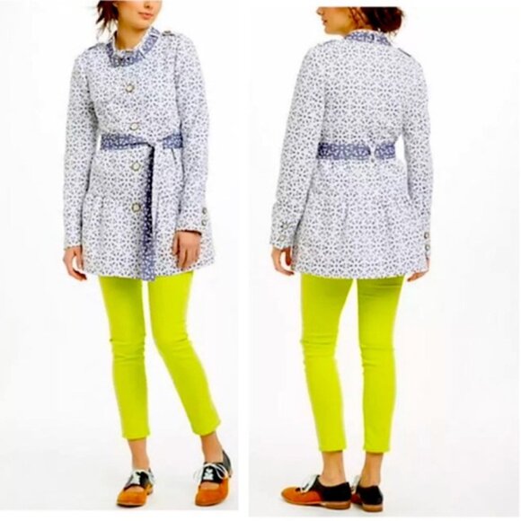 Anthropologie Elevenses NEW Eyelet Lace Trench Coat Jacket Cotton Lightweight 8 - Picture 1 of 16